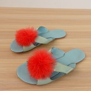 FRANCES VALENTINE Sandals 7 Women Patent Leather Slide Dress Pom Pom Slip on